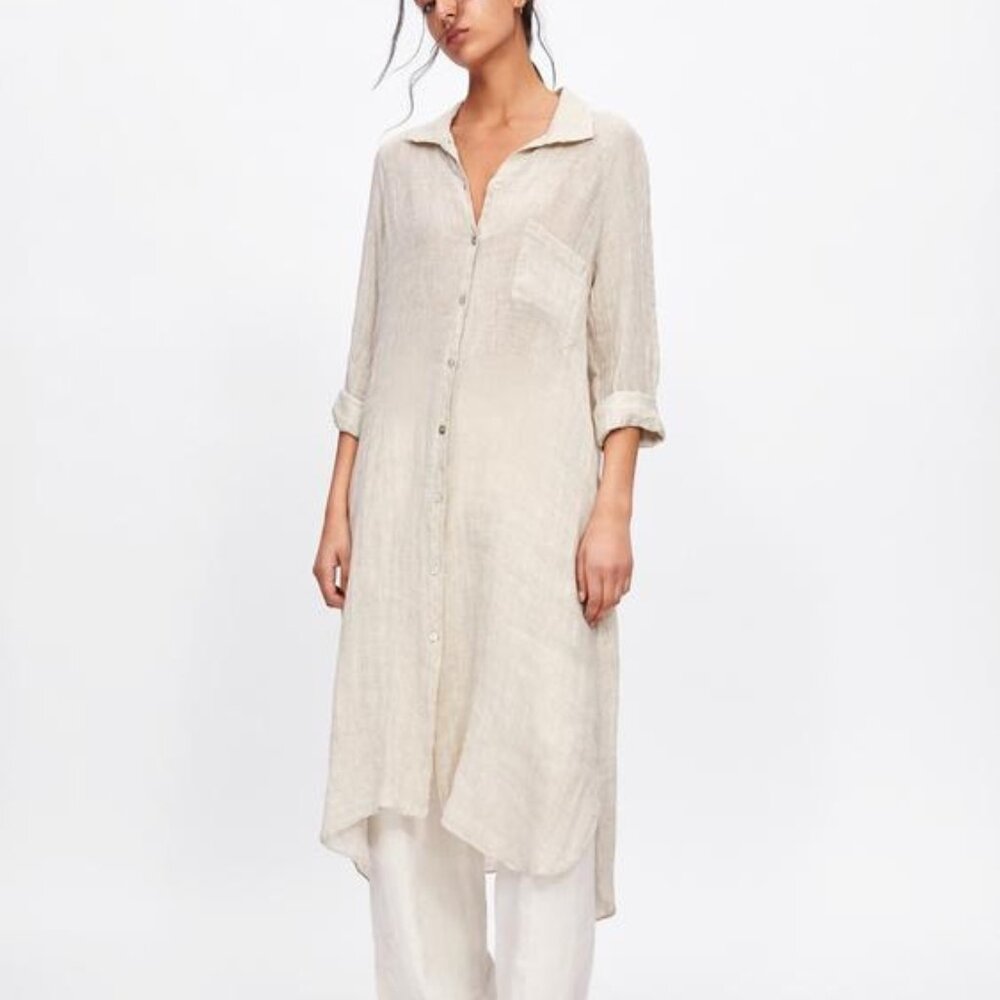 ZARA 100% Linen Button Down Shirt Dress in Natural Size M RUSTIC BEACH NEUTRAL